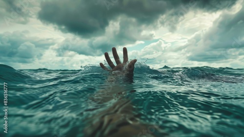 A desperate hand reaches out from the sea, a silent cry for help amidst the vastness of the high seas, captured in a close-up under the foreboding light. photo