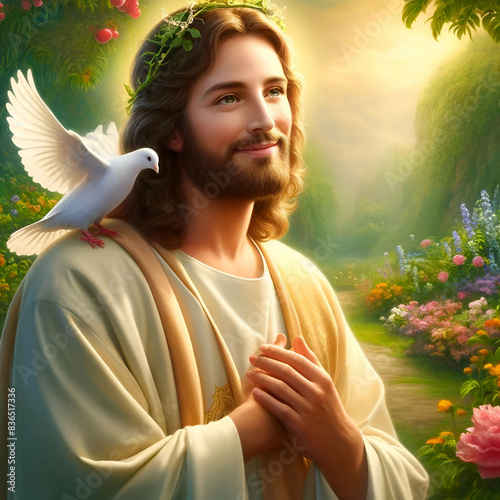 Joyful person with  dove in Garden
