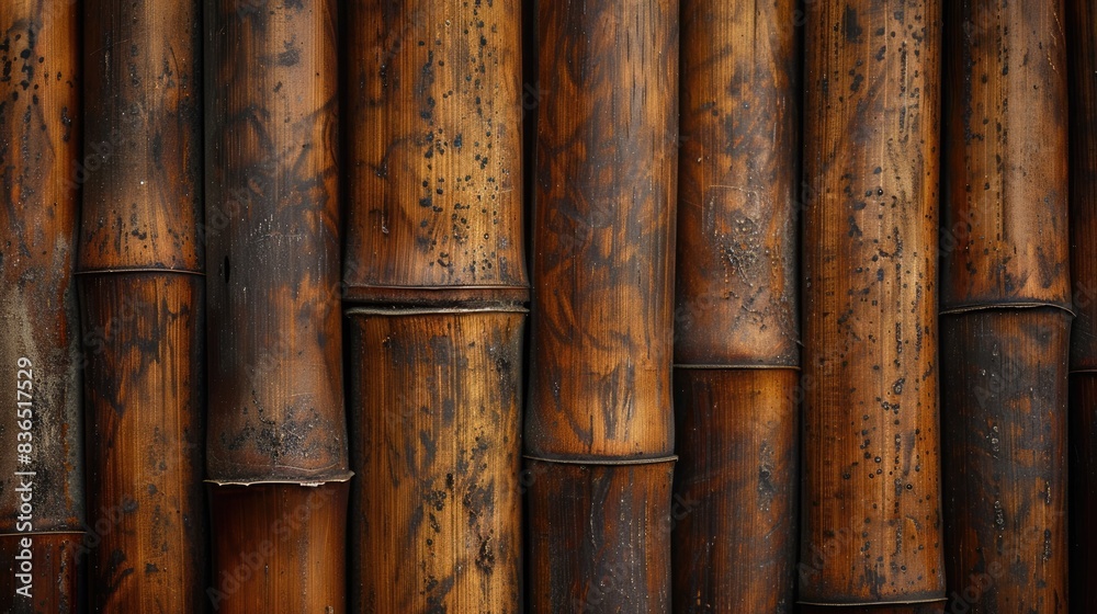 Fototapeta premium Close up of the natural patterns and textures of brown bamboo wood Detailed view of the trunk of a bamboo plant and its wooden poles creating a vintage seamless background for walls or fenc