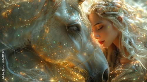 woman in a translucent, star-like garment caresses a pure white unicorn under a dreamlike cosmic canopy, photo