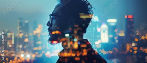 reflection of a man and a cityscape at night with double exposure with nice depth and beautiful panorama