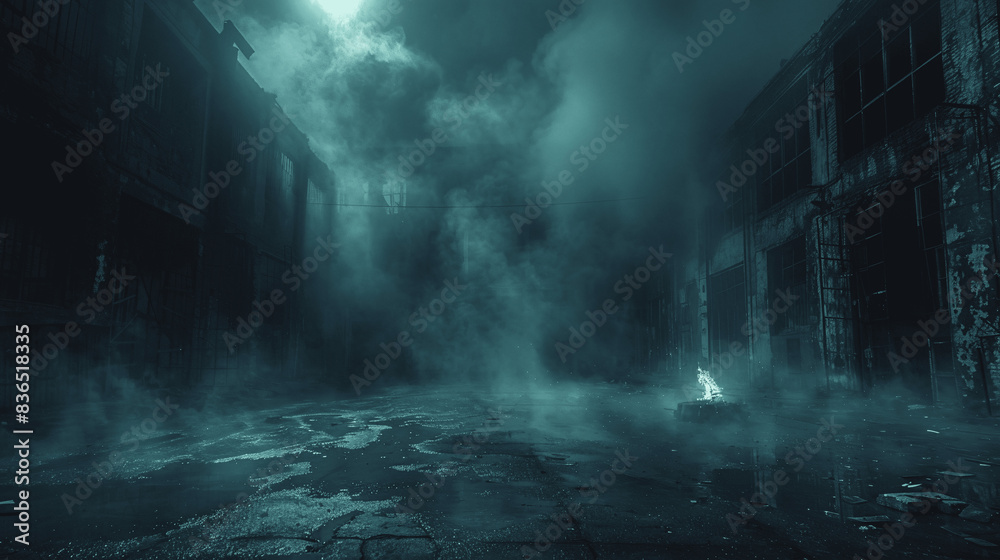Fototapeta premium Dark Empty Street with Abandoned Warehouse and Burning Fire Pit
