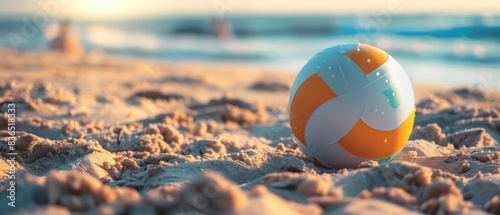 wallpaper with a inflatable beach ball on the sand, beautiful vacation background 