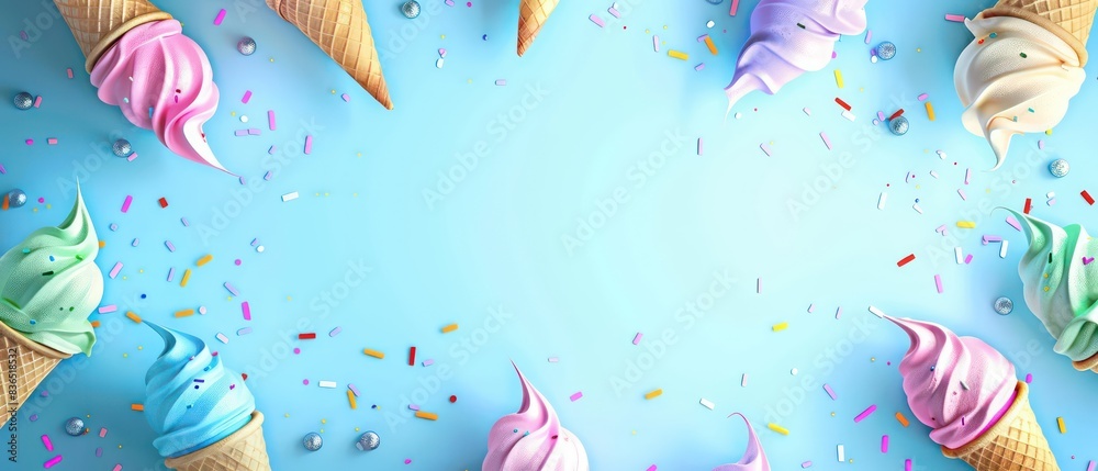ice cream illustration wallpaper with a birthday party scene with light colors and a blank blue space in the middle ice cream illustration wallpaper with a birthday party scene with light colors and a blank blue space in the middle
