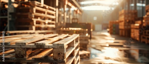 Pallets of goods in sharp focus, a blurred warehouse background bathed in noon light, captured in a close-up, technology-inspired style.