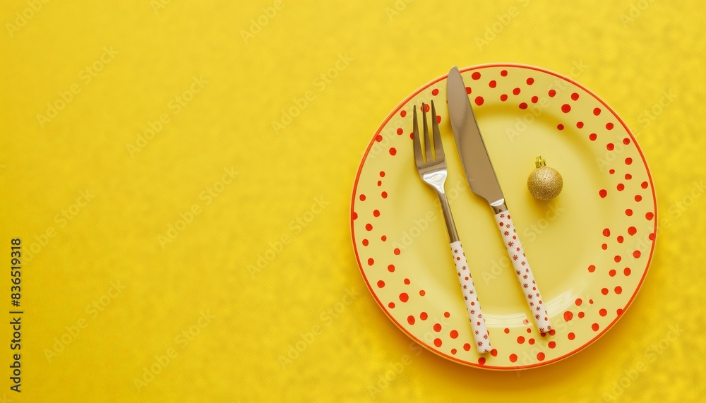 New Year's table with Christmas decor on yellow, top view of plate and cutlery with gold ball, stars, and spruce branches in flat lay. New Year's table with Christmas decor on yellow, top view of plate and cutlery with gold ball, stars, and spruce branches in flat lay.