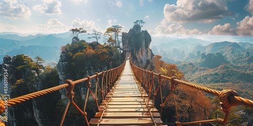 A pedestrian suspension bridge in the mountains, which opens up amazing aesthetic landscapes of nature. Generative AI