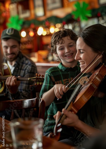 Joyful Irish Family Celebrates St. Patrick's Day with Traditional Music in a Pub