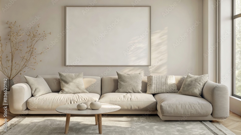 Fototapeta premium Photo mockup, living room with light grey sofa and small wooden coffee table near window