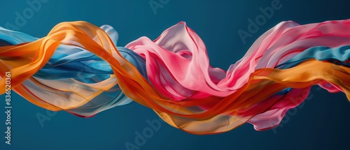 wallpaper with long textile wave flapping in the wind, with vivid iridescent colors on a blue background