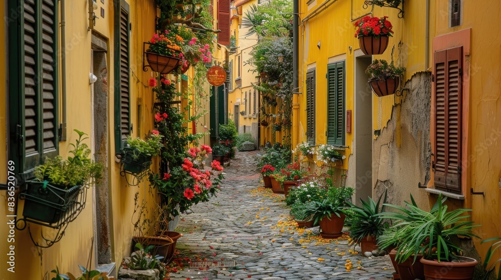 Photo of an alley in the centre of Tarantella, Italy with flowers and plants on each side.