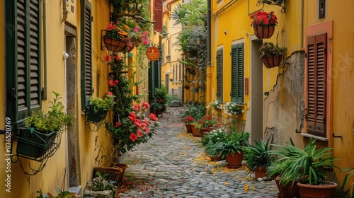 Photo of an alley in the centre of Tarantella  Italy with flowers and plants on each side.