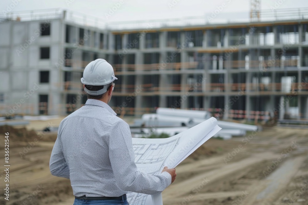 Architect standing in front of construction site with blueprint in hand, planning new travel destination for future business venture Architect standing in front of construction site with blueprint in hand, planning new travel destination for future business venture
