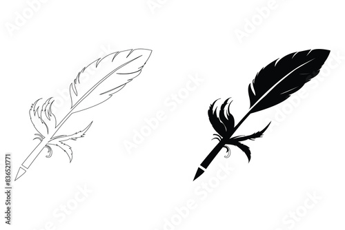 Feather pen outline vector. Feather pen black logo. Vector illustration.