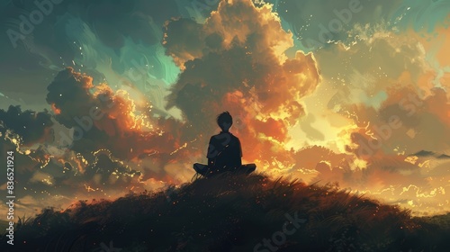 Silhouette of a person meditating on a hilltop with the vast sky and clouds  conveying inner peace and freedom