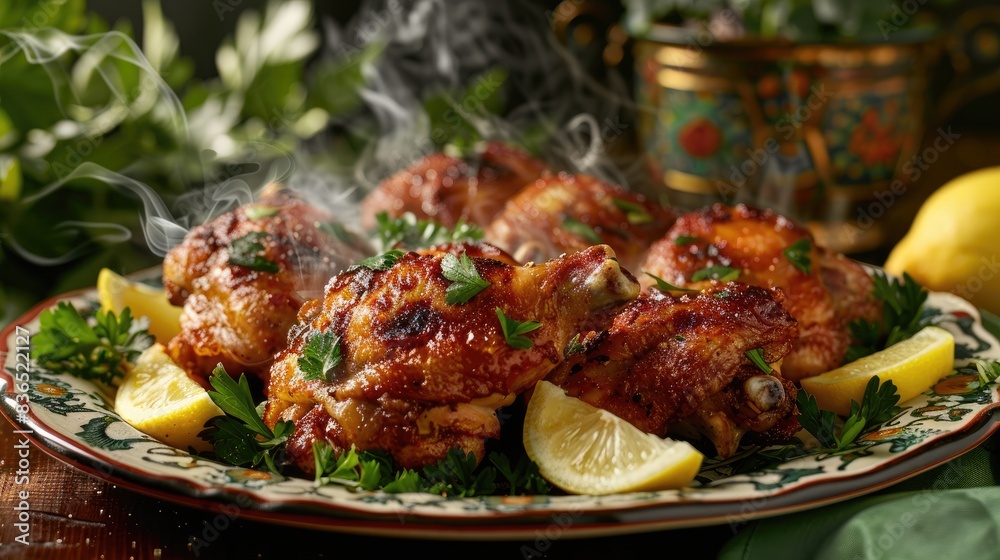 Steaming hot fried chicken thighs on a decorative platter with lemon wedges and parsley, smoke rising visibly Steaming hot fried chicken thighs on a decorative platter with lemon wedges and parsley, smoke rising visibly