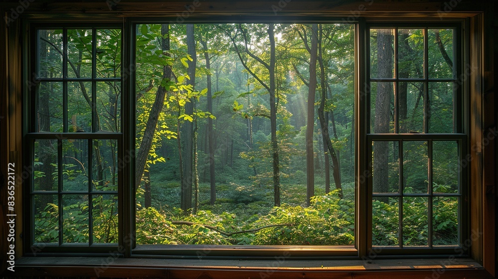 Window offers an amazing view of the forest with serene beauty beyond. Serene, calm aesthetic atmosphere. Generative AI Window offers an amazing view of the forest with serene beauty beyond. Serene, calm aesthetic atmosphere. Generative AI