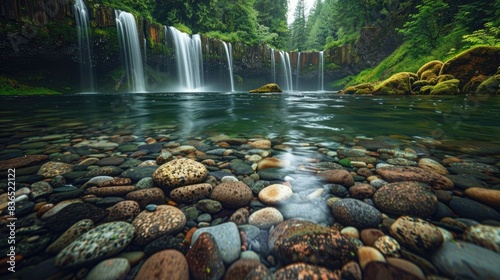 Photo of the river at Milleristant  Oregon with pebbles and rocks in it. Waterfall in the background. Green forest around the water.