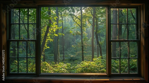 Window offers an amazing view of the forest with serene beauty beyond. Serene  calm aesthetic atmosphere. Generative AI