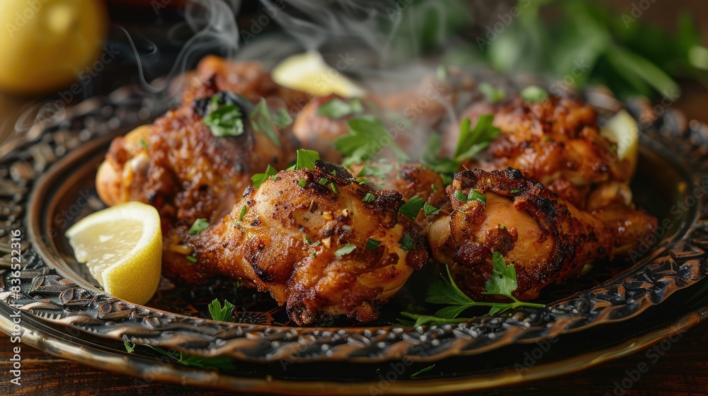 Steaming hot fried chicken thighs on a decorative platter with lemon wedges and parsley, smoke rising visibly Steaming hot fried chicken thighs on a decorative platter with lemon wedges and parsley, smoke rising visibly