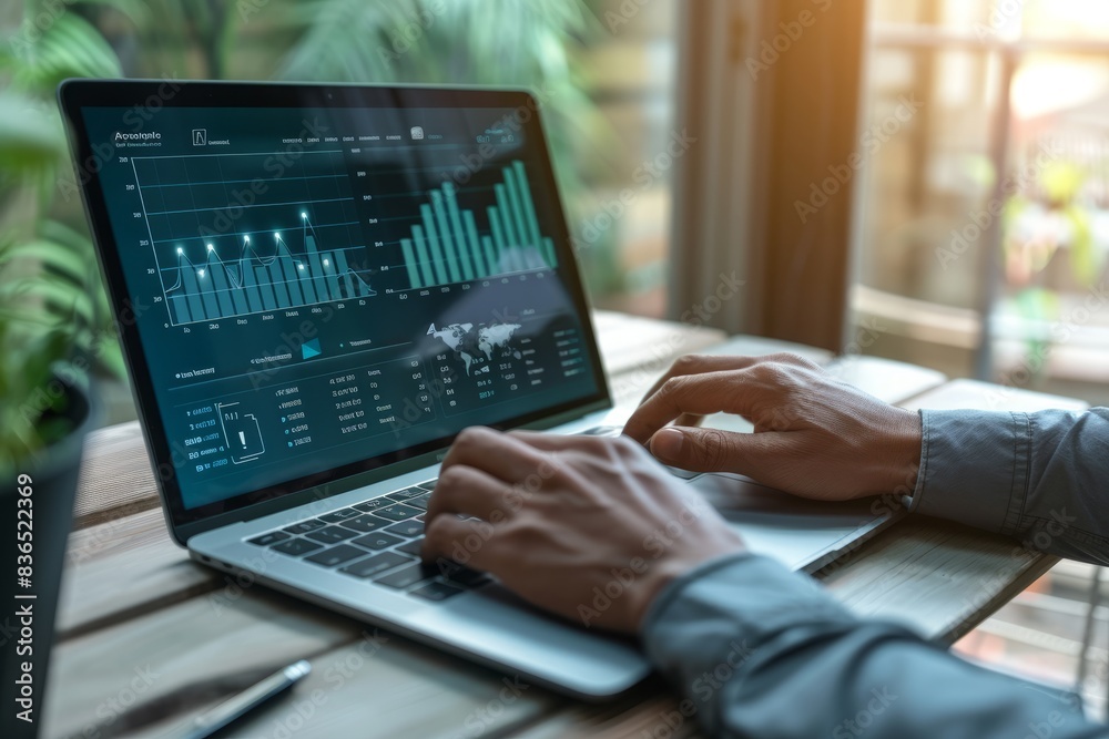 Merchants use laptops to display ads on a glass screen on a virtual transparent background. Digital marketing is the concept of selling on the Internet Merchants use laptops to display ads on a glass screen on a virtual transparent background. Digital marketing is the concept of selling on the Internet