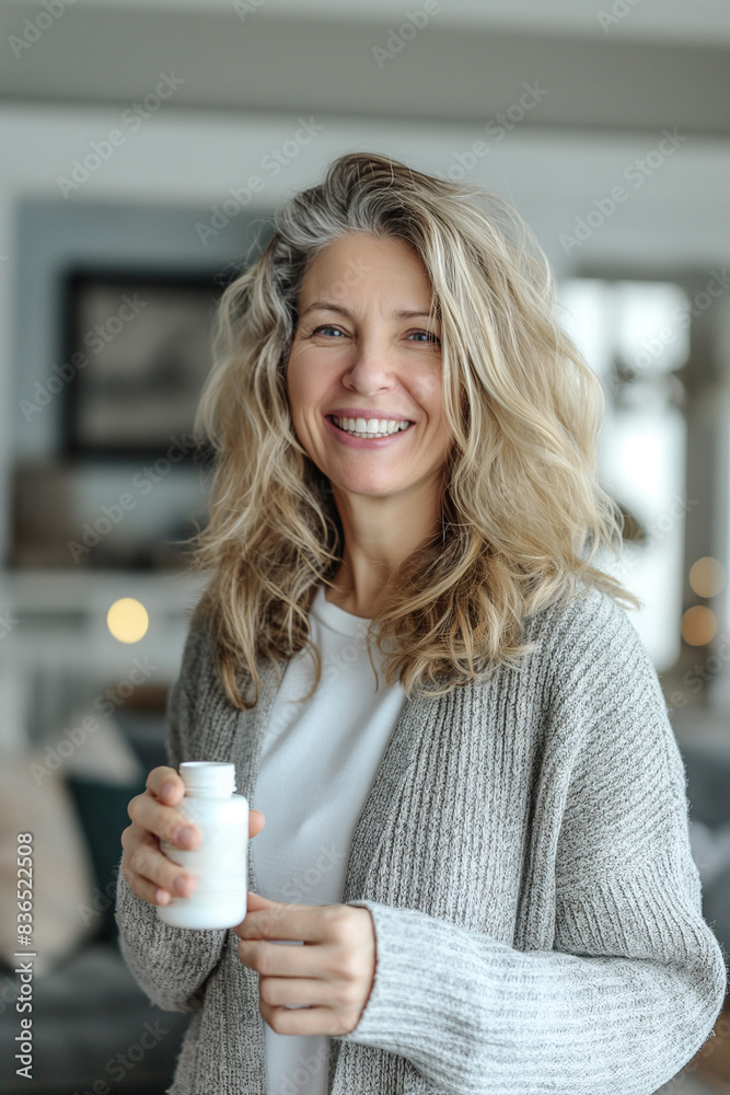 A smiling 45-year-old woman with a white jar in her hand is standing in the living room. Photos for advertising medicines and biologically active additives.