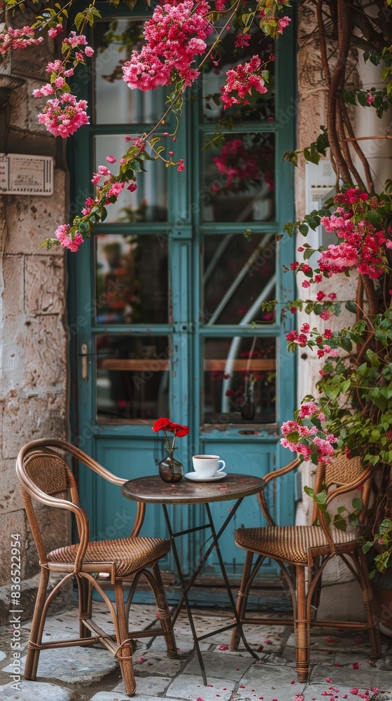 Obraz premium Two chairs stand beside a table adorned with a cup of coffee and beautiful flowers, evoking a charming ambiance perfect for European travel. Ideal for travel stock photography.