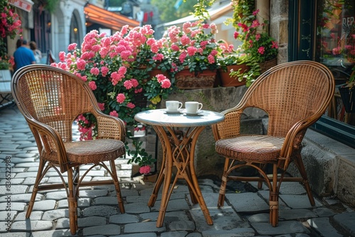 Two chairs stand beside a table adorned with a cup of coffee and beautiful flowers  evoking a charming ambiance perfect for European travel. Ideal for travel stock photography.       