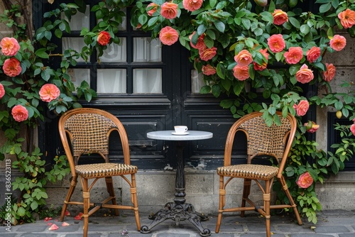 Two chairs stand beside a table adorned with a cup of coffee and beautiful flowers, evoking a charming ambiance perfect for European travel. Ideal for travel stock photography.        © Uliana