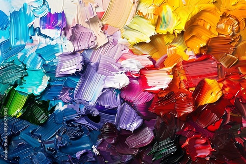 An artista??s palette with a spectrum of paint colors blending together © Asaad