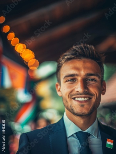 Confident Young Man in Suit Proudly Displaying National Flag Pin, Close-Up Portrait with Blurred Background photo