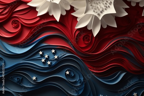 Intricate paper art design with swirling red and blue patterns, accented by white flowers and stars. Perfect for patriotic themes.