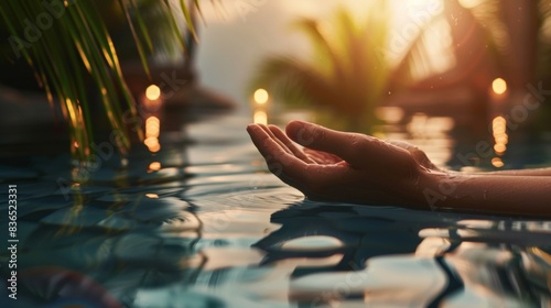Serene National Relaxation Day Spa Scene with a Person Enjoying a Massage, Featuring Water and Candles at Sunset photo