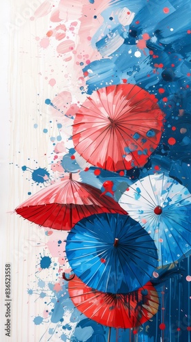 A painting depicts red  blue  and pink umbrellas against a backdrop of blue and white  with a random splash of paint adding artistic flair.      