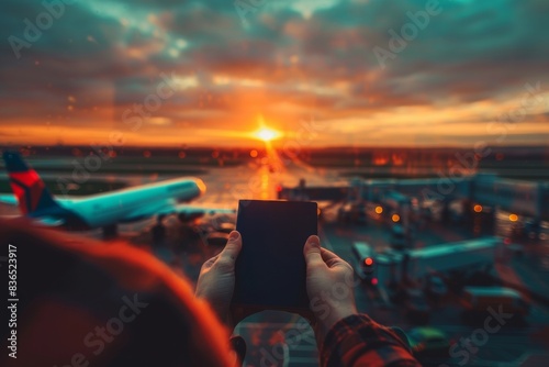 Sunset Adventure at Airport: Hands Holding Passport Overlooking Airplane and Runway at Dusk © Ryzhkov