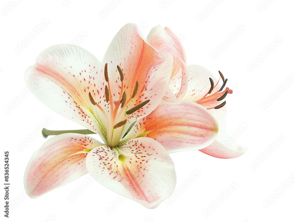Close-up of beautiful pink and white lilies isolated on a white background, showcasing their delicate petals and natural elegance. Close-up of beautiful pink and white lilies isolated on a white background, showcasing their delicate petals and natural elegance.