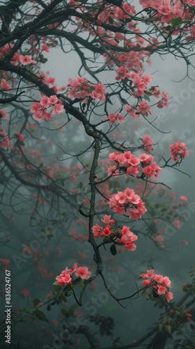 In the foreground  a tree bursts with blooming flowers  while a foggy sky creates a serene and atmospheric backdrop in the distance.       