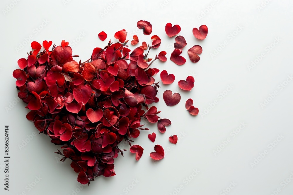 On a white background, a cluster of red petals forms a heart shape on the left side of the image, conveying love and romance.
On a white background, a cluster of red petals forms a heart shape on the left side of the image, conveying love and romance.