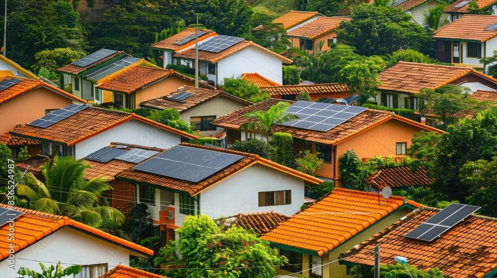 Photograph of many small solar panels on the roofs of houses in an upscale suburban neighborhood, with orange roof tiles and lush greenery during the daytime.