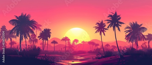 sunset and palm trees with a sun silhouette retro wallpaper design, very 80's with muted cool colors 