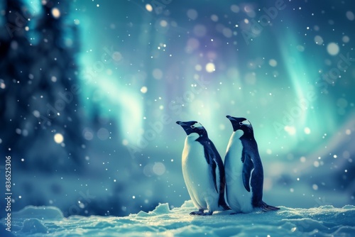 Penguins on ice under the northern lights in a snowy forest. Christmas magic in a winter wonderland.       