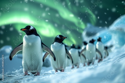 Penguins on ice under the northern lights in a snowy forest. Christmas magic in a winter wonderland.       