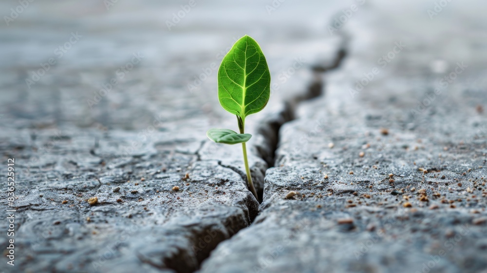 Resilient Young Plant Sprouting Through a Concrete Crack, Symbolizing Growth and New Beginnings in Urban Environment Resilient Young Plant Sprouting Through a Concrete Crack, Symbolizing Growth and New Beginnings in Urban Environment