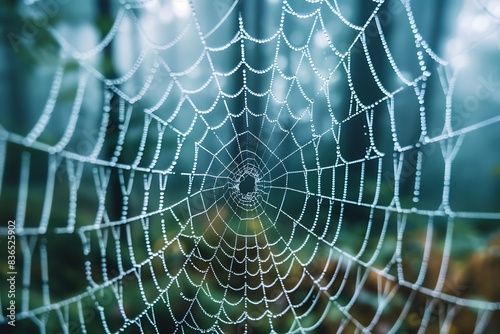 Morning dew drops on a spidera??s intricate web, with the forest in the background photo