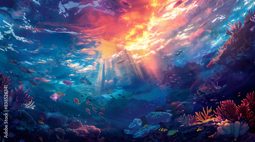 An underwater scene with the sunset   s light piercing through the water