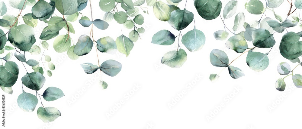 green floral banner with silver dollar eucalyptus and branches leaves in watercolored green isolated on a white background
green floral banner with silver dollar eucalyptus and branches leaves in watercolored green isolated on a white background
