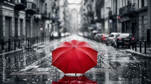 Vivid Red Umbrella Among Black on Rainy City Street  A Symbol of Individuality and Creativity