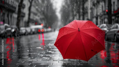 Vibrant Red Umbrella on a Rainy Urban Street Standing Out Among Black Umbrellas  Symbolizing Uniqueness and Creativity