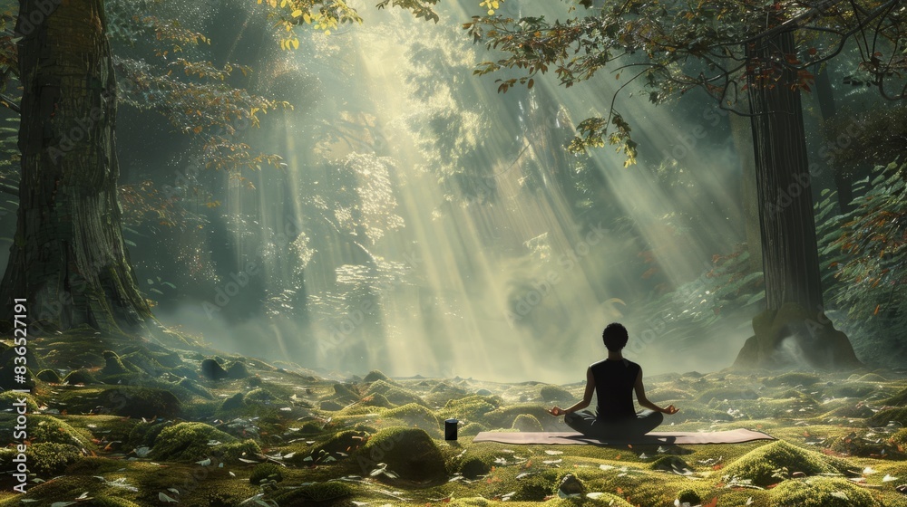 A person meditating in a serene forest clearing with sunbeams filtering through the trees, creating a peaceful and spiritual atmosphere.
A person meditating in a serene forest clearing with sunbeams filtering through the trees, creating a peaceful and spiritual atmosphere.