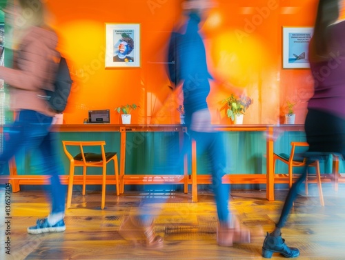 Abstract Blurry Image of Three People in a Vibrant Green and Orange Co-Working Space Using Dynamic Long Exposure Techniques